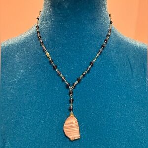 Handmade Blue and Gold Filigree Beaded Drop Pendant Necklace w/ Polished Agate